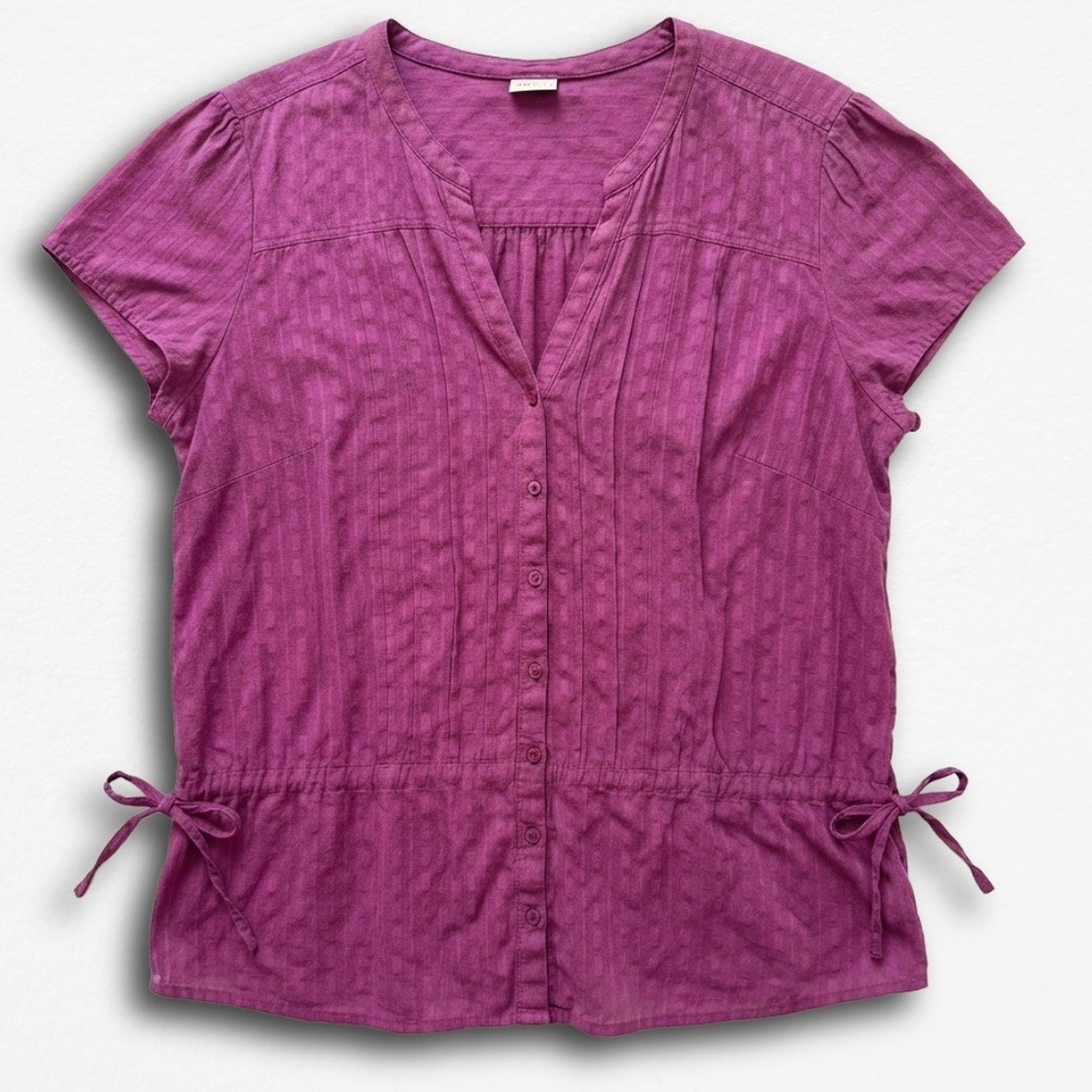 Sonoma Life Style Magenta Purple Dobby Button Front Blouse Side Tie Waist Top